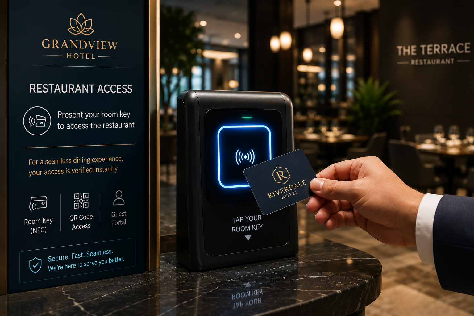 Room key being used at a restaurant access reader