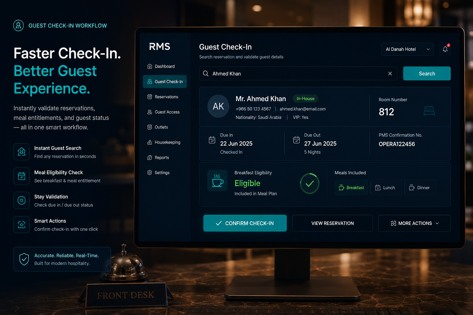 Guest check-in validation screen for restaurant access